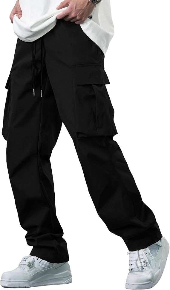 YAOBAOLE Pantalones de Carga Hombre de Algodón Pantalones de Trabajo con Múltiples Bolsillos Cintura Elástica Cordón de Ajuste