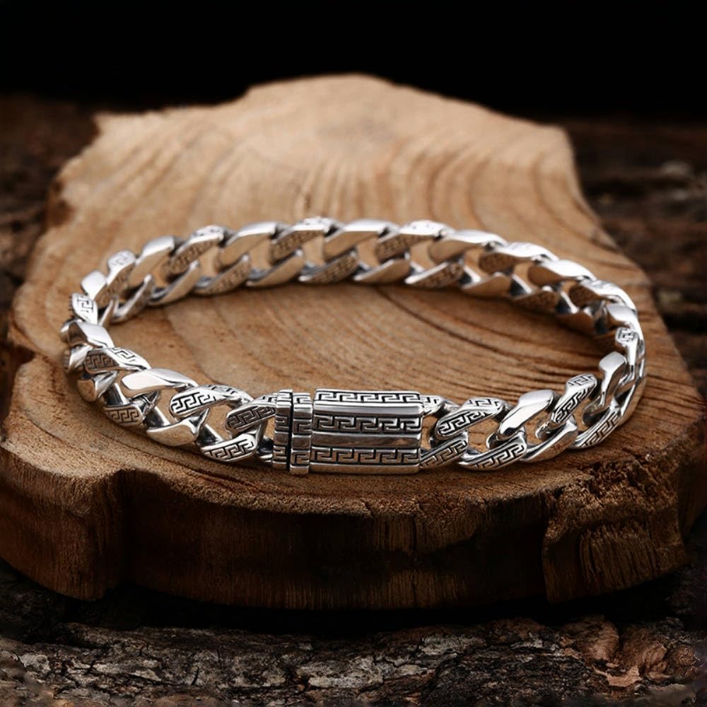 ForFox Pulsera de cadena cubana de plata de ley 925 pulsera de cadena barbada con diseño de llave griega para hombre 9mm 18/20cm