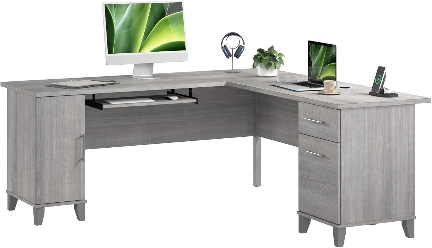 Bush Home 72-Inch L-Shaped Desk with Storage, Corner Computer Office Desk with File and Box Drawers, Home Office Workstation with Storage Cabinet, Somerset Collection, Platinum Gray