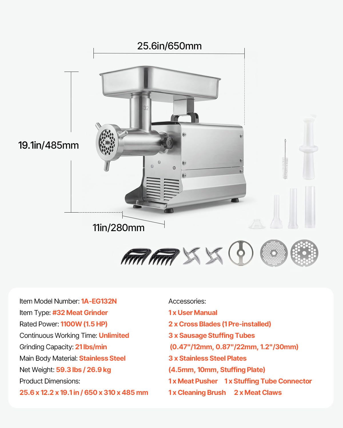 VEVOR Tritacarne Elettrica 1100 W da Cucina in Acciaio Inox, Tritacarne Capacità 9,5 kg/min con 3 Dischi 3 Tubi per Salsicce Salami Carne con Piedini Antiscivolo, Cucina Commerciale Ristorante Hotel