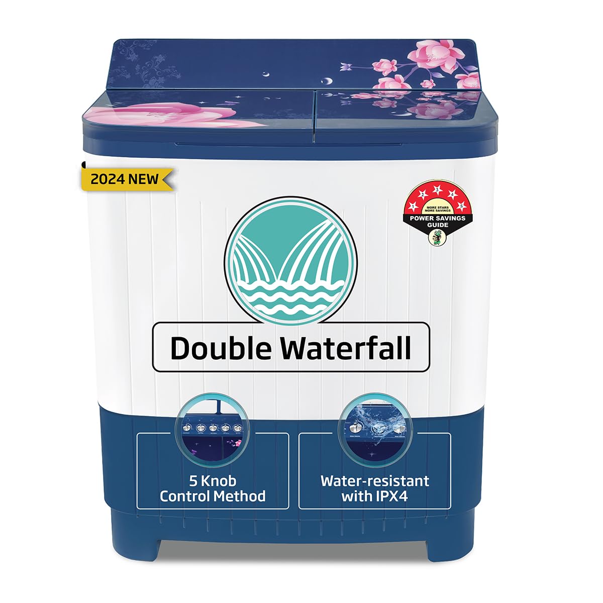 Voltas beko, A Tata Product 8.5 kg 5 Star Semi-Automatic Top Load Washing Machine With Double Water Fall technology (WTT85DBLG/FLRB5, Blue, Special Pulsator & 5 Knob Control Method)