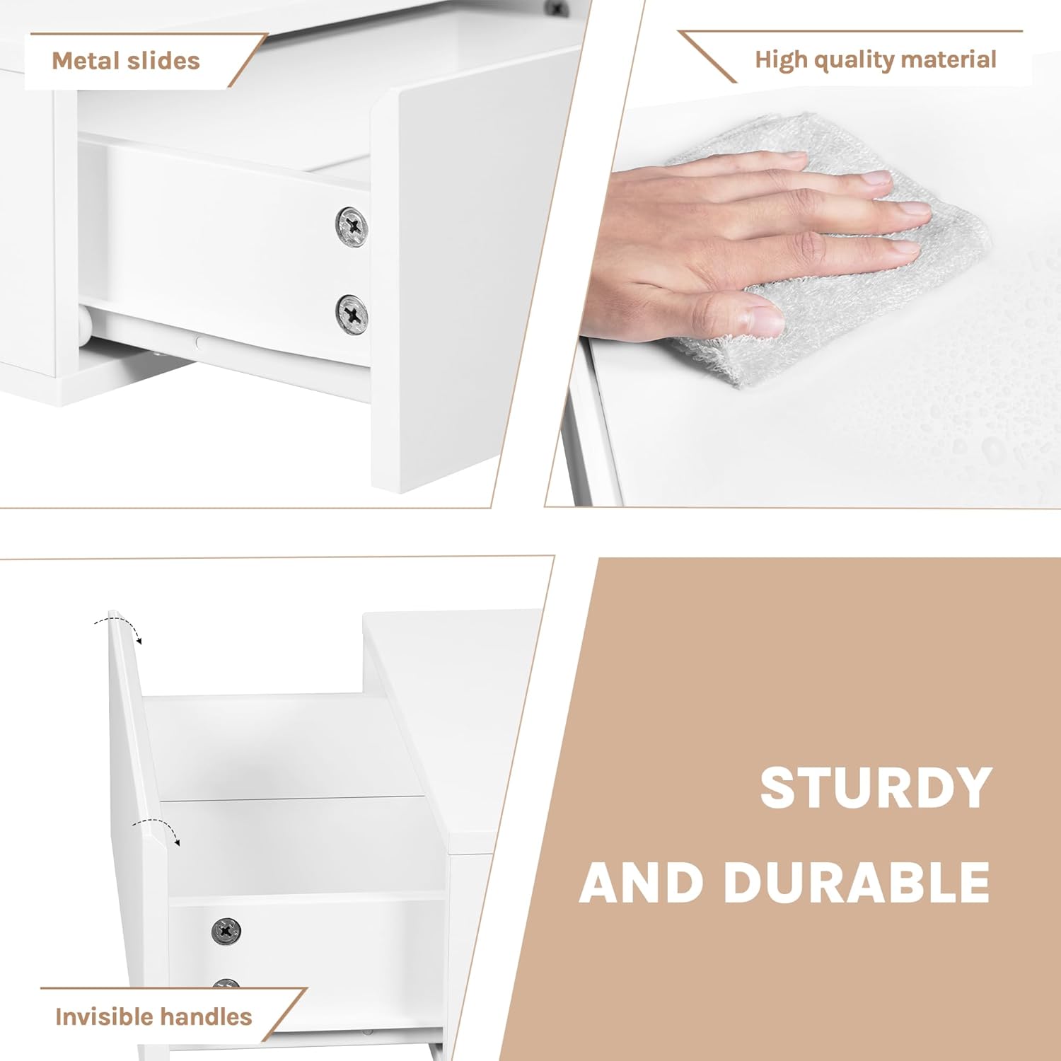 Close-up images showing the metal drawer slides, the high-quality material being wiped clean, and the invisible handles, highlighting the sturdy and durable construction.