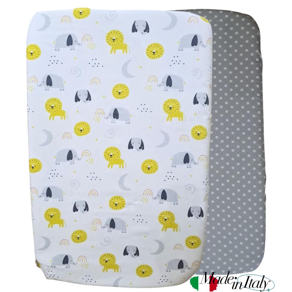 Flyideas Set 2 Lenzuola con Angoli per Carrozzina Navicella Neonato 75x35 cm – 100% Cotone Morbido e Traspirante, Adatte a Passeggini e Trio, Elefantini