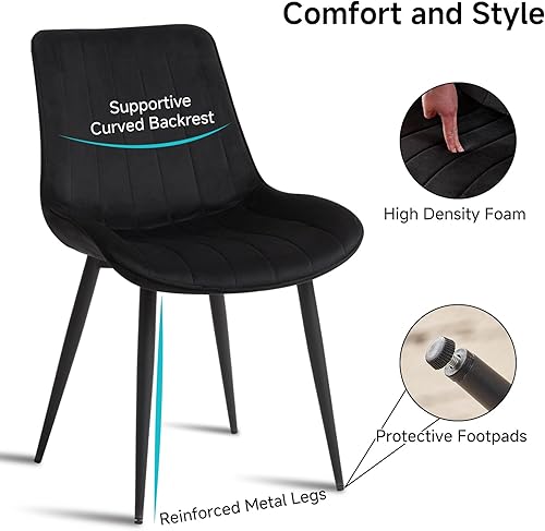 Miniatura 5 de Juego de 4 sillas de comedor de terciopelo, modernas sillas de cocina sin brazos tapizadas negras con patas de metal para dormitorio y sala de estar