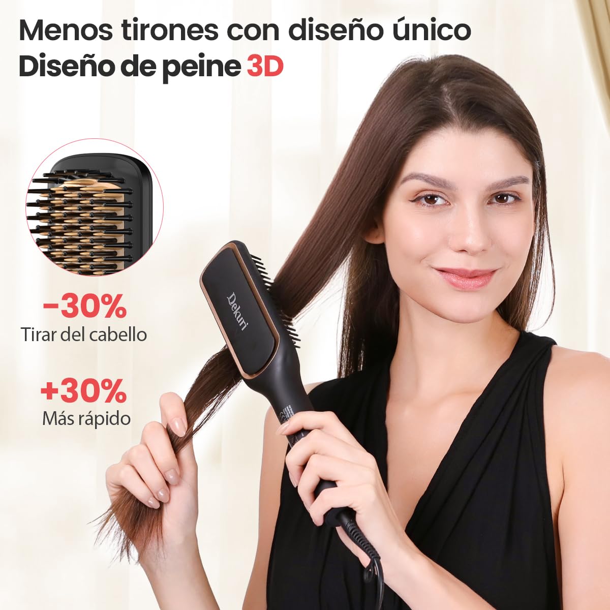Cepillo Alisador Pelo, 42 mm de Peine Alisador de Cabello, Com Iões negativos, 6 Temperaturas, 130°C-230°C, Pantalla LED，Creación rápida de cabello suave y liso