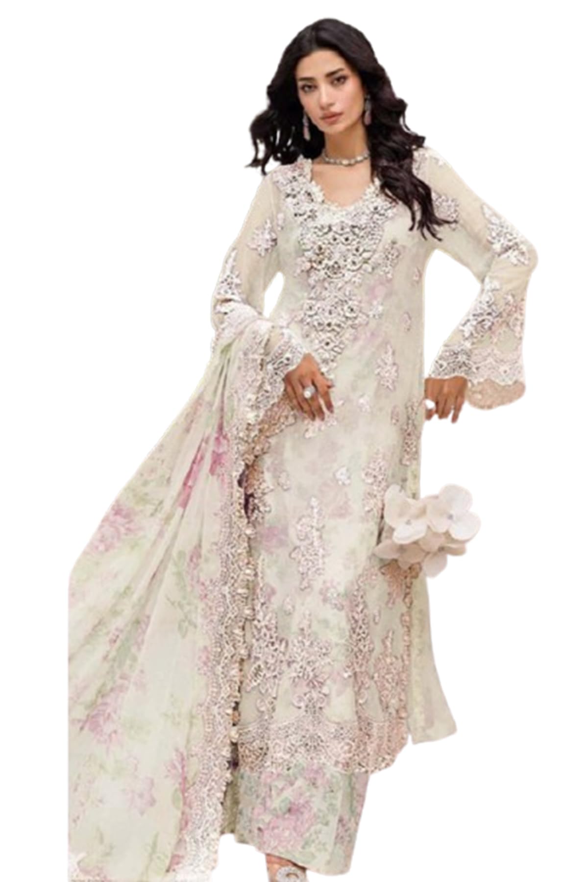 WOMEN'S Chiffon Premium Ethnic Suit Fabric Set for Women – Designer Kurti Pattern with Embroidered Sleeves (SF271441 Purple free-size)-image-38