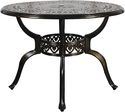 Miniatura 7 de VIVIJASON Mesa de bistró de patio de 38.5 pulgadas, mesa redonda de comedor al aire libre, mesa de aluminio fundido de bronce con agujero para