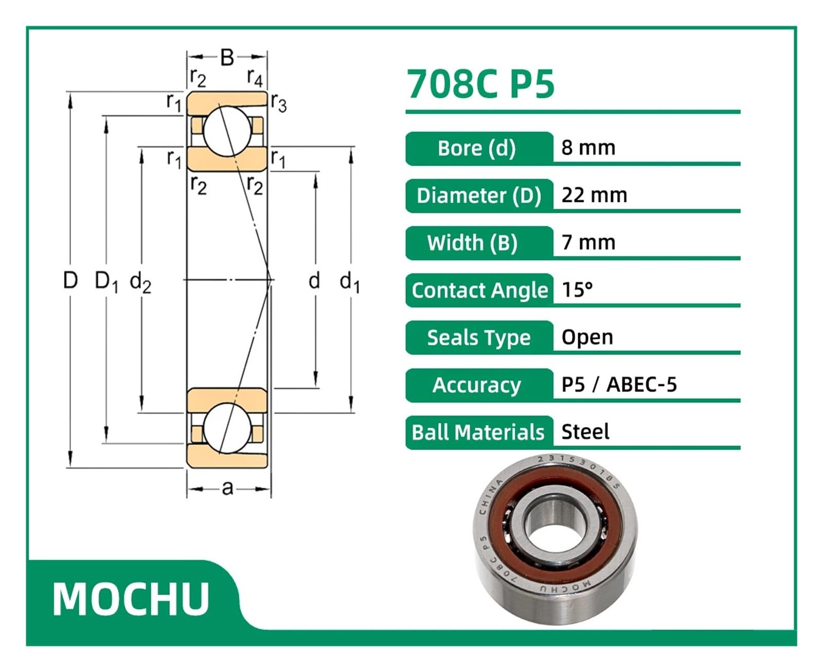 1 pezzo 708C 8X22X7 cuscinetto a sfere a contatto obliquo ABEC-5 8 * 22 * 7