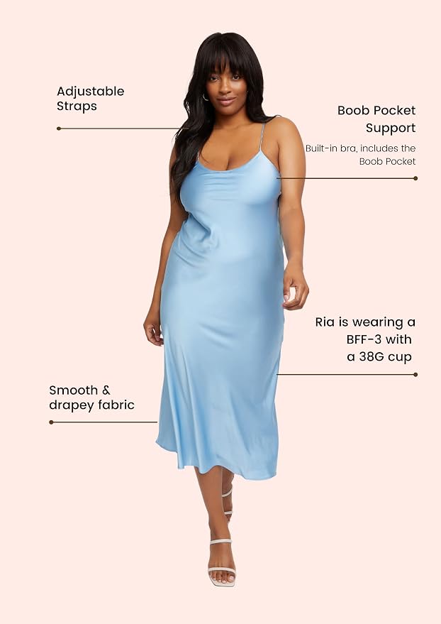 Built-in Bra Blue Slip Dress for Women - Midi Satin Cocktail Dress with  Adjustable Spaghetti Strap - Casual or Formal Brami Dress for Women at  Amazon Women's Clothing store