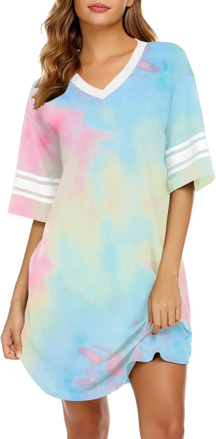 Ekouaer Nightgowns for Women Cotton Night Gown Short Sleeve Sleepwear V Neck Color Block Sleep Shirts Ladies Night Shirts