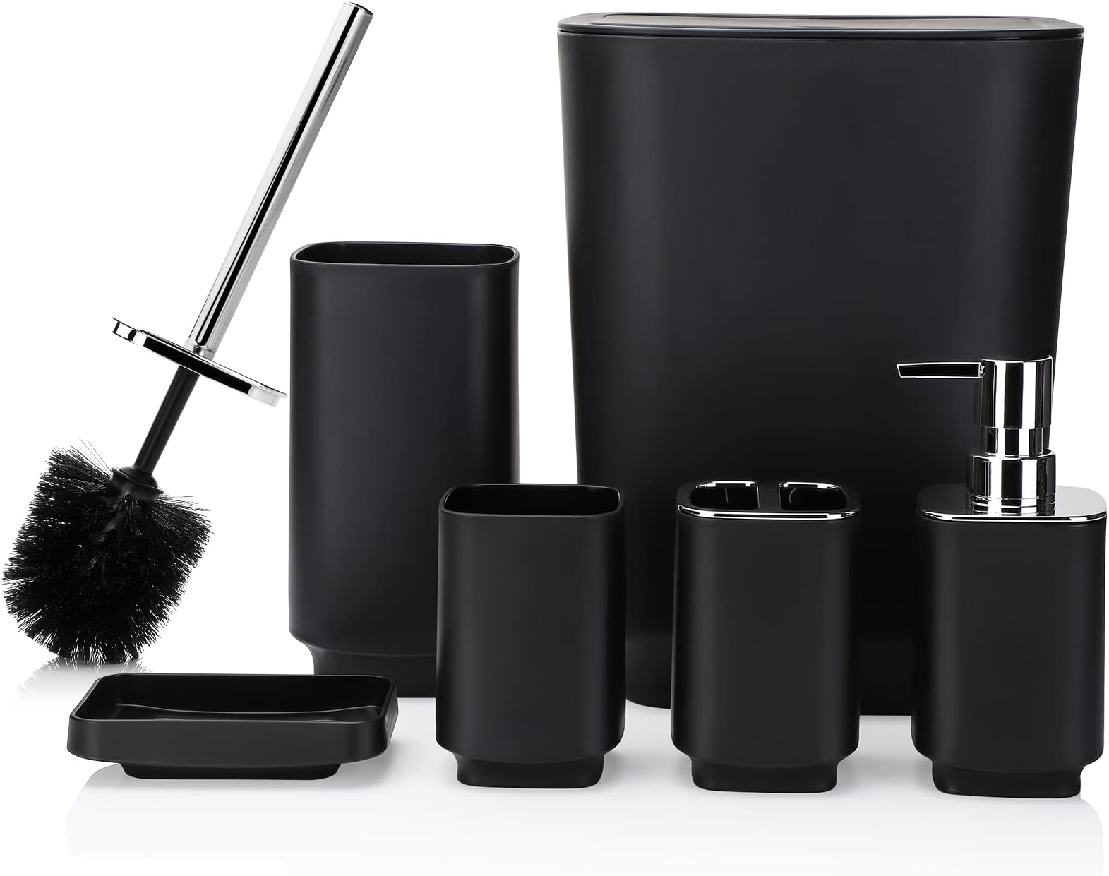 JOTOM 6 Pieces Bathroom Accessory Set Luxury Plastic Bathroom Accessories Set Trash Can Toilet Brush Set Toothbrush Holder Tumbler Soap Dish Soap Dispenser Bath Set Gift (Black)