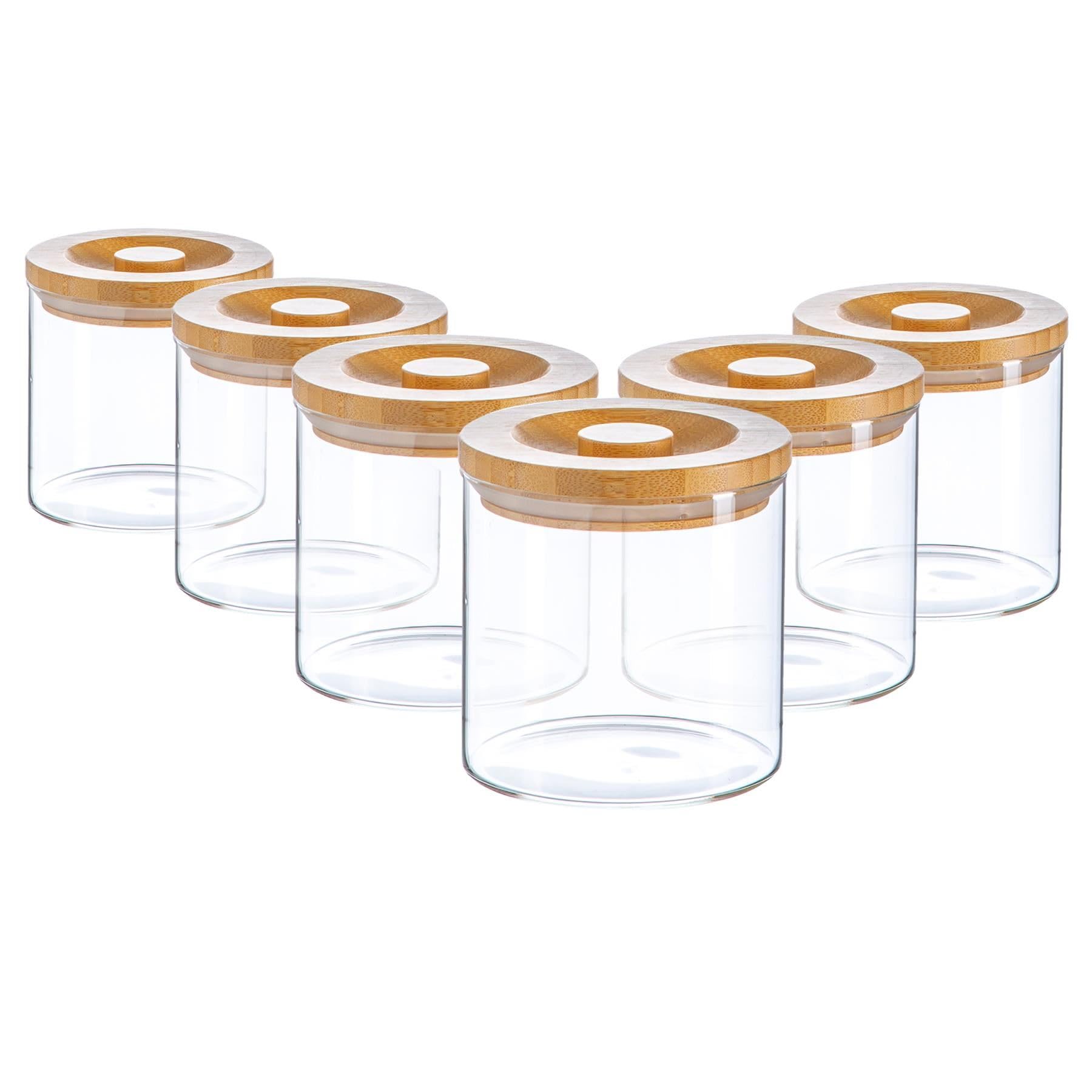 Argon Tableware Clear Scandi Storage Jars With Wooden Lids - 6 Pack - Modern Round Organisation Container Glass Jar For Kitchens, Pantry, Bathrooms, Utility Rooms 550Ml