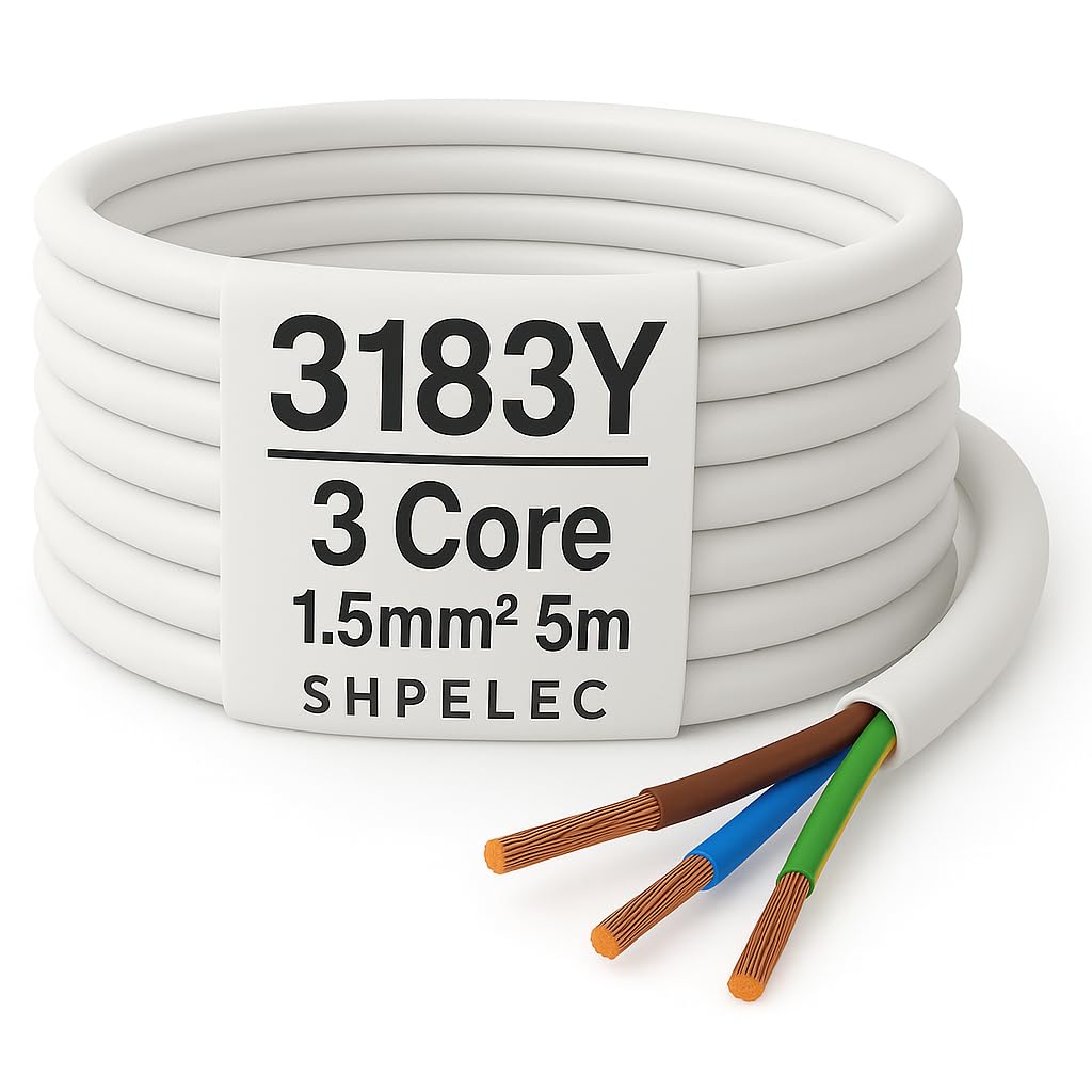 SHPELEC® FLEXIBLE White Cable 3183Y 0.75mm, 1.0mm, 1.5mm, 2.5mm BASEC Approved White PVC LED Lighting 5m 10m 15m 20m 50m (1.5mm 3 Core - 5metres)