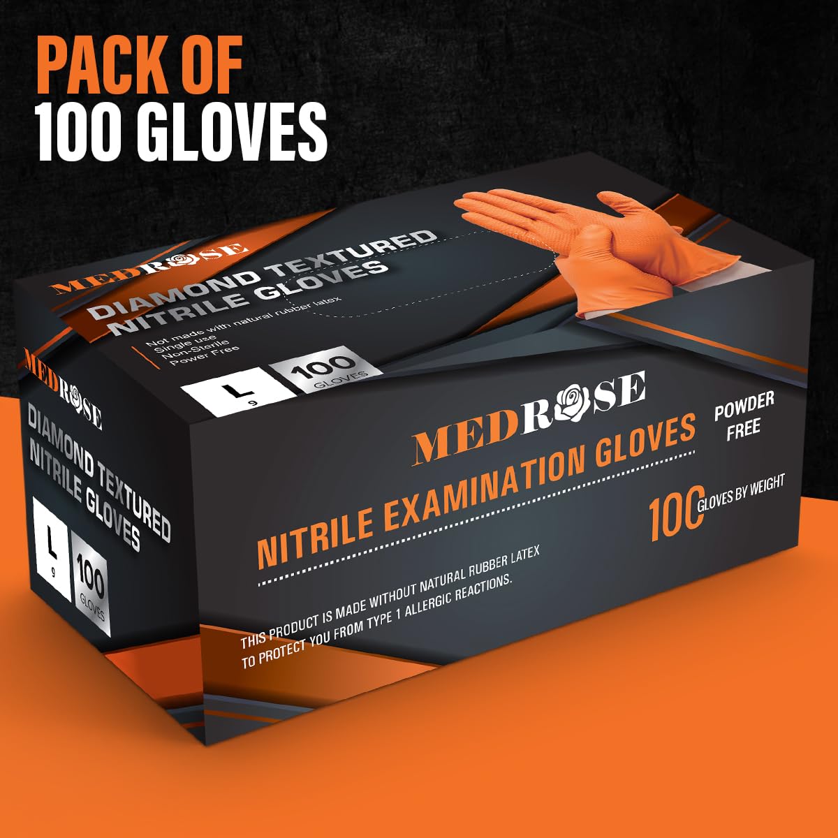 MedRose Disposable Nitrile Gloves –Raised Diamond Texture, Extra Thick, Latex-Free, Powder-Free, Orange Gloves - Ideal for Industrial, Lab, Automotive, and Mechanic Use – Large– 100 Gloves per Box