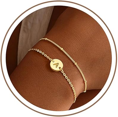 MONOZO Gold Initial Bracelets for Women Girls Jewelry Gifts - Dainty 14K Gold Plated Layered Beaded Letter Bracelet 26 Alphabet Disc Monogram Initial Bracelets Birthday Gifts for Women Girls Teens