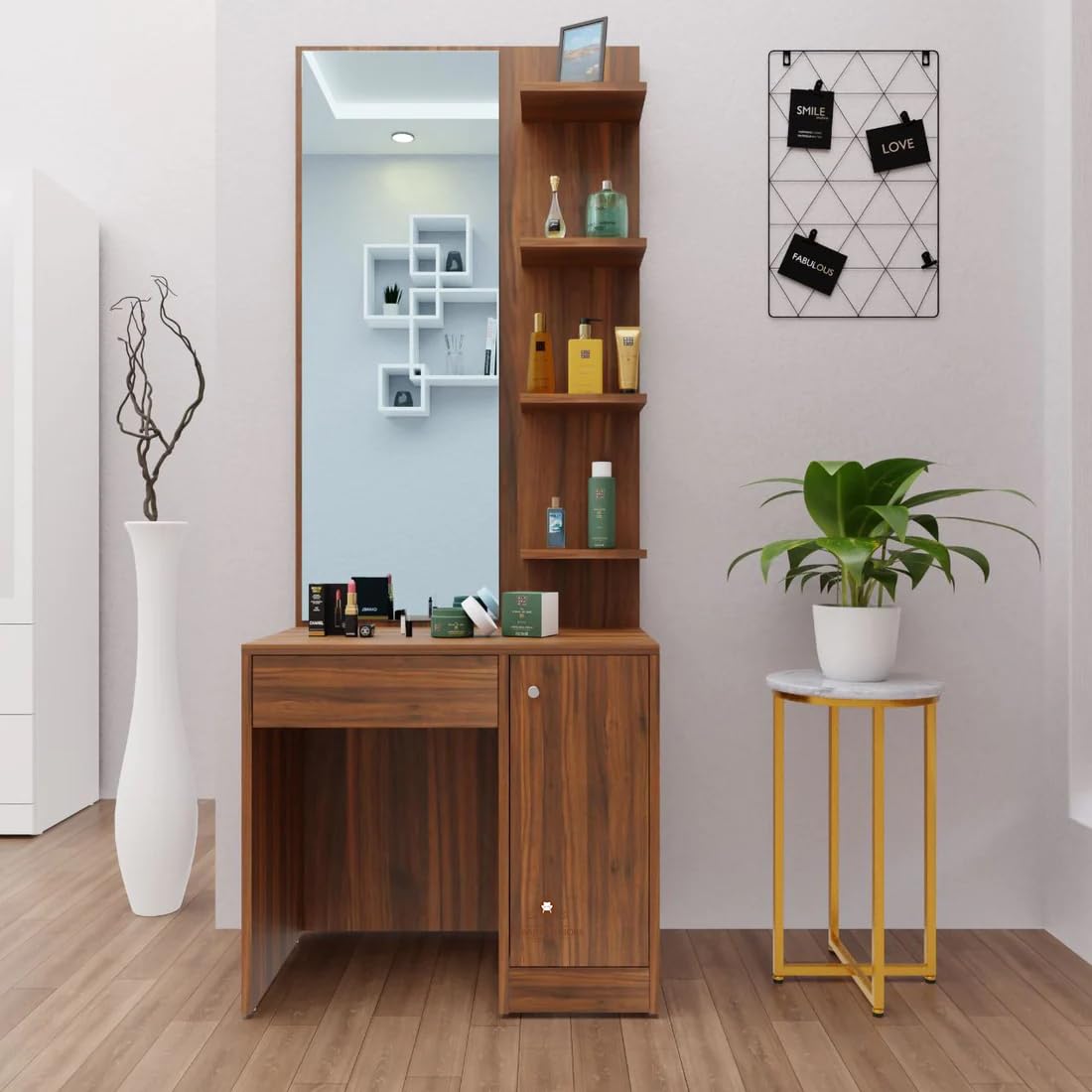 ABBAJI INTERIORS Engineered Wood Dressing Table with 4 Shelves and 1 Drawer (Wallnut Brown)-image-38