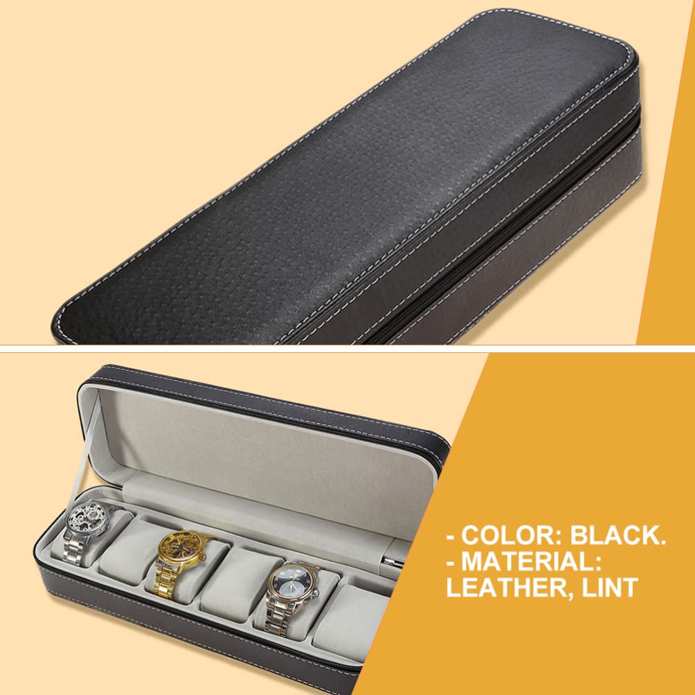 Hemobllo Scatola Porta Orologi Nera a 6 Scomparti in Pelle Zip | Fodera, Formato Portatile per Viaggi di Lavoro, Adatta a Esposizione in Negozio