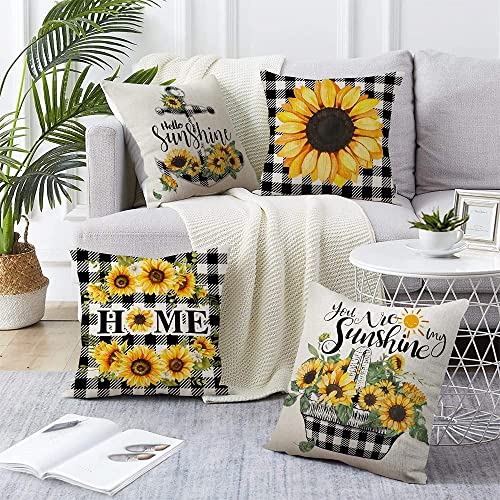 Pinata Decorative Sunflower Pillow Cover, Yellow Black Buffalo Plaid Throw Pillow Cover 18X18 Set Of 4 Farmhouse Sunflower Decor For Home Outdoor Sofa Couch, Fall Flower Pillow Case (No Insert) #TOP1