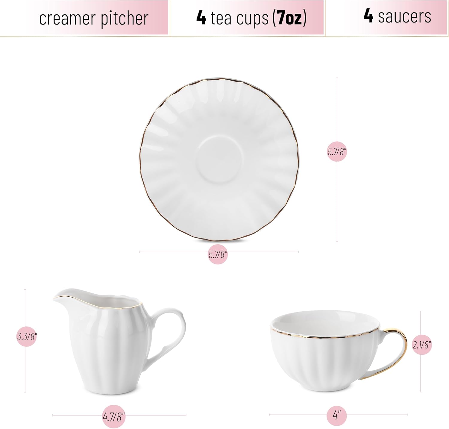 BTaT- Classic tea set, 13 pcs, Tea Cups (7oz), Tea Pot with Stainless Steel Infuser (32oz), Creamer and Sugar Set, Porcelain Tea Set, White Tea Set, Tea Pot Sets with Cups - Image 3