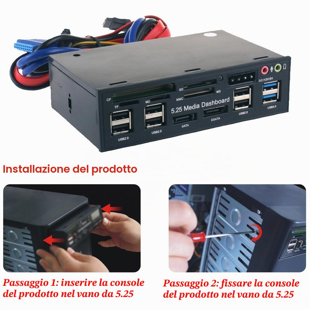 Scheda di memoria multifunzione USB 3.0 Hub eSATA SATA Lettore di schede interne PC Media Dashboard Media Pannello frontale per SD MS CF TF M2 Schede di memoria MMC Adatto a 5,25 "