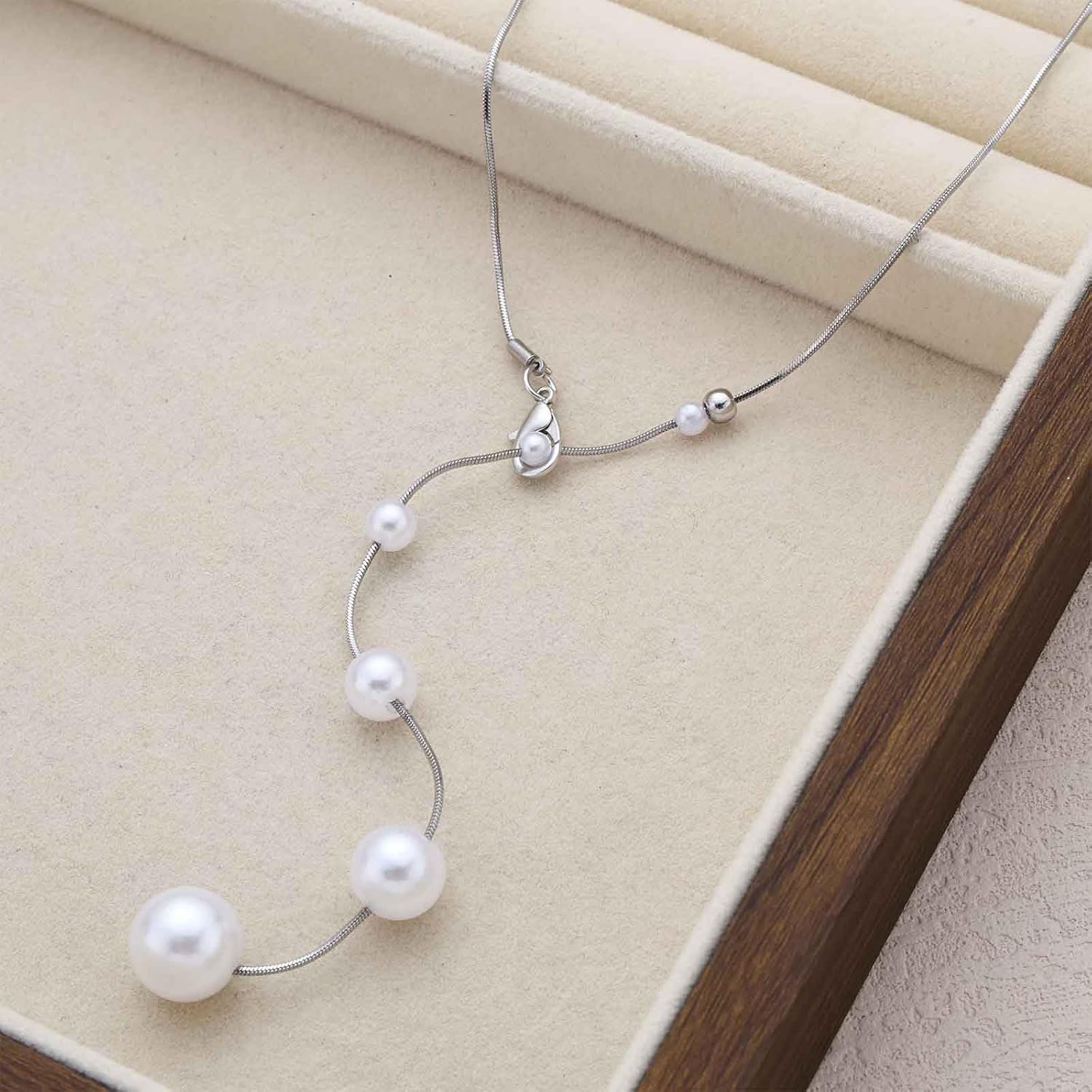 Vintage Pearl Y Lariat Necklace Minimal Pearl Pendent Necklace Silver Snake Chain Necklaces Long Pearls Drop Necklaces Round Beads Choker Wedding Bridal Jewelry for Women - Image 6