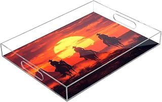 Cowboys at Sunset Serving Tray, Decorative Ottoman Trays with Handles for Breakfast, Coffee Table, Dining Room, Party - 16" x 12"