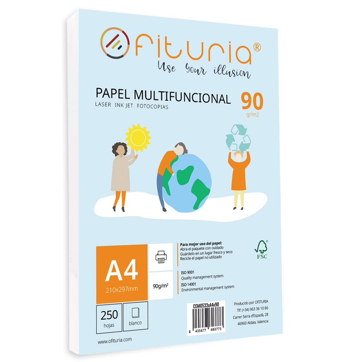 Paquete de folios A4 de 90gr con 250 Hojas Blancas, Papel Multifuncional para Uso Escolar y Entornos Laborales. Ideal con impresoras láser, de inyección o fotocopiadoras - Ofituria