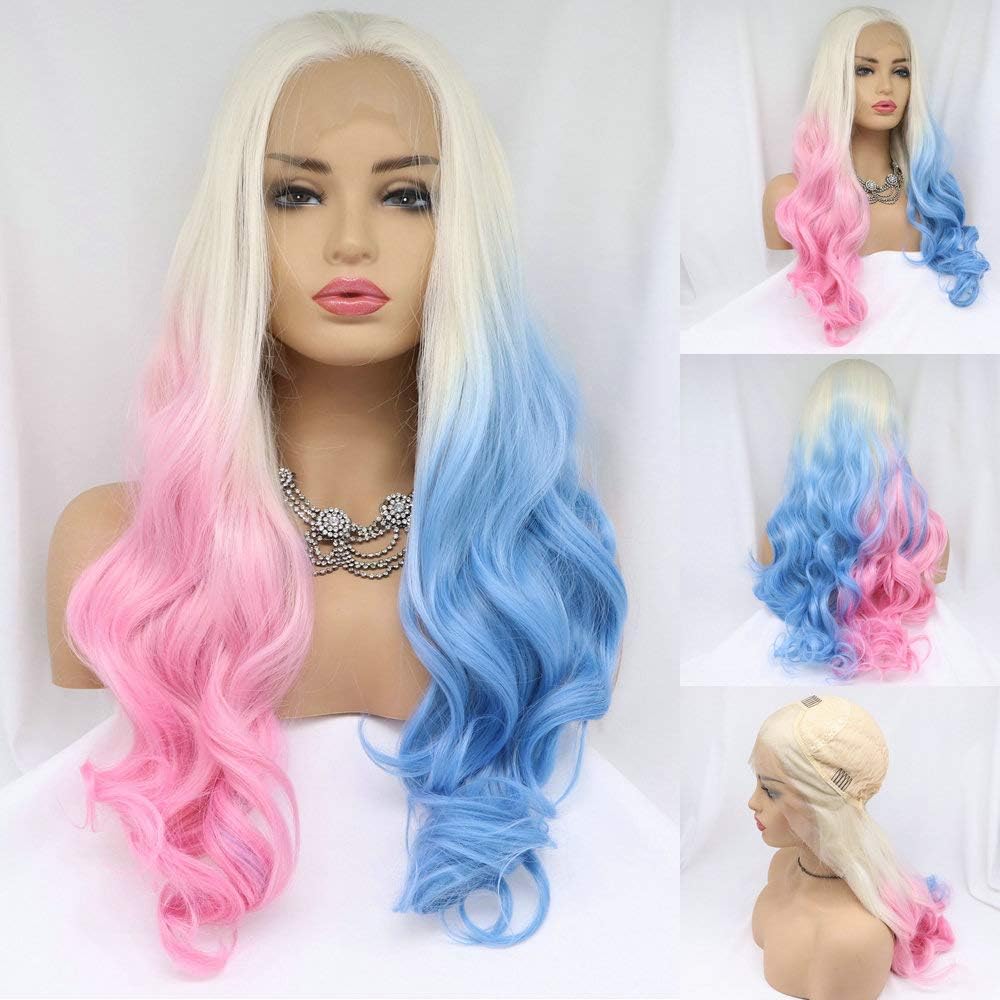 60# Blonde Ombre Half Pink/Half Blue Lace Front Wigs for Women Harley Quinn Wig Cosplay White Blonde Ombre Synthetic Realistic Looking Natural Wavy Ombre Wigs UK Heat Safe 24"