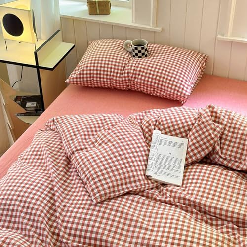 Image of LifeTB Gingham Comforter Set King Modern Style Plaid Checkered Comforter Fluffy Soft Red Orange Grid Bedding Set Lightweight Gingham Bedding Comforter Farmhouse Checkered Comforter Set