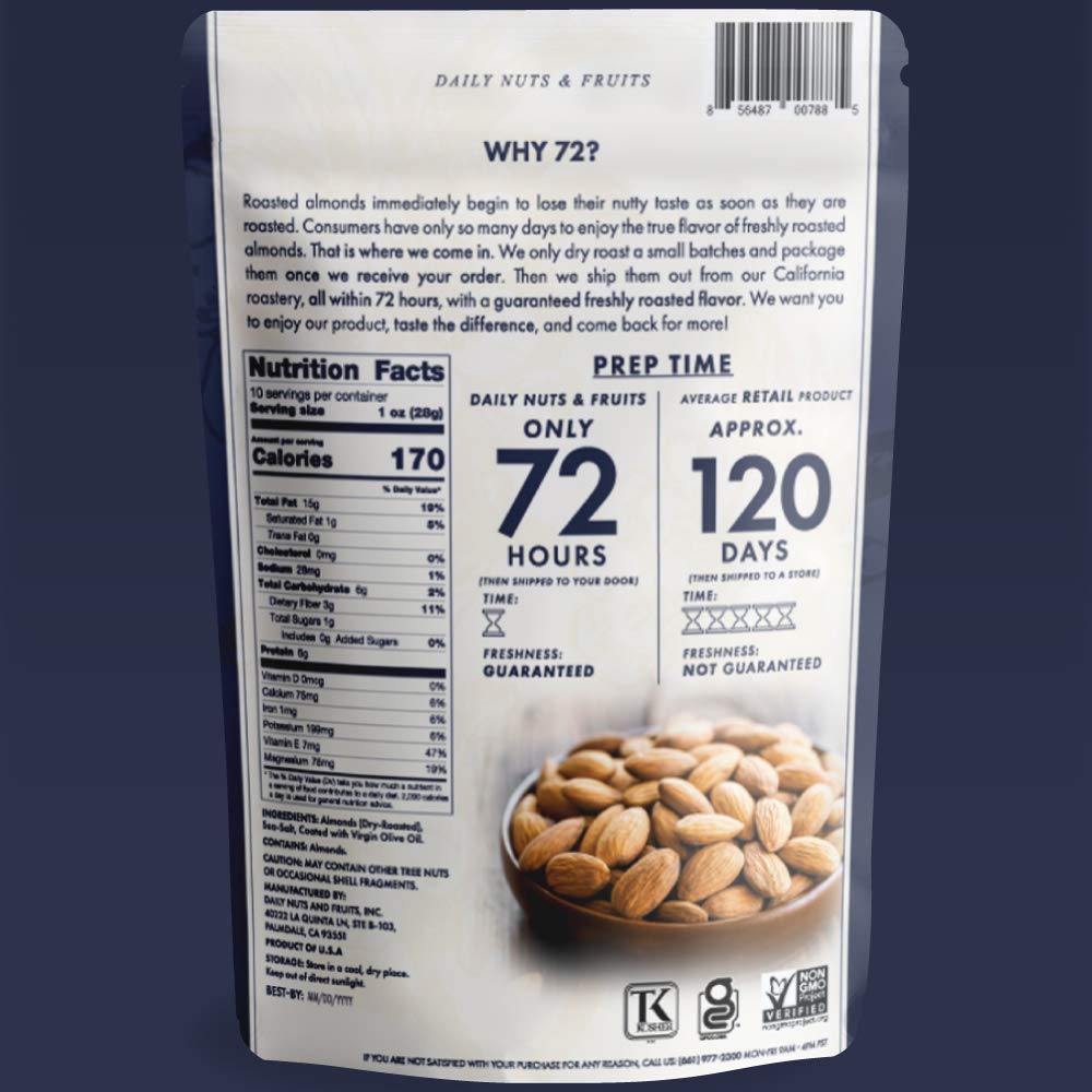 72 Just Roasted Almonds, NON-GMO, Certified Gluten Free, Made Fresh (Lightly Sea-Salted, 5 LB (10 OZ x 8 PACKS))