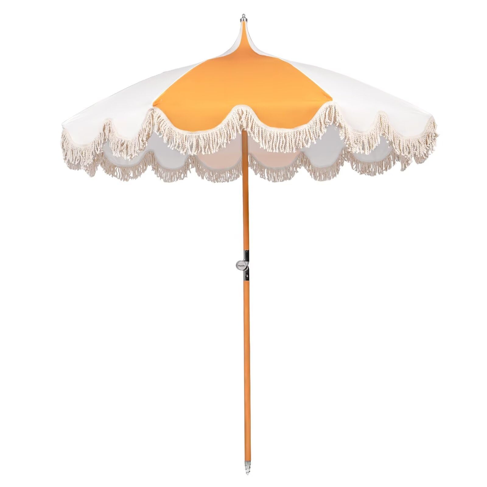 6.5ft Pagoda Beach Umbrella with Fringe, UPF 50+ Boho Umbrellas with Carry Bag, Premium Wood Pole Foldable Tassel Umbrella for Outdoor Garden Lawn Pool Yard Table