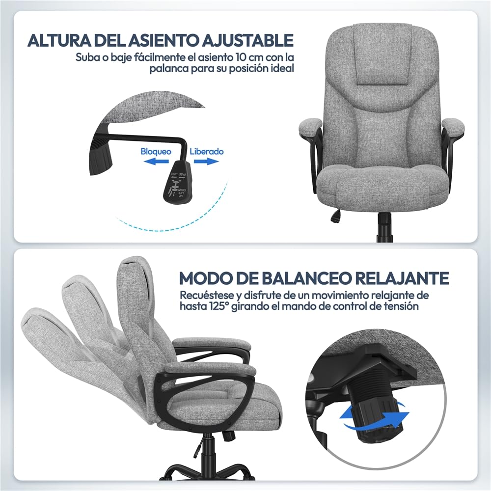 Yaheetech Silla de Oficina de Tela con Respaldo Alto Ergonómico Altura Ajustable Silla de Escritorio Ejecutiva Silla Giratoria Reclinable Sillón Gris