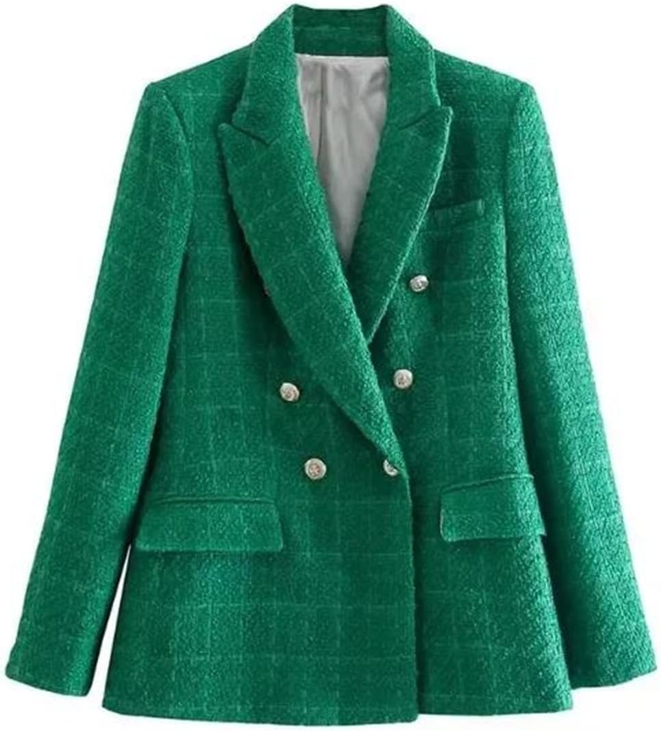 Womens Tweed Plaid Double Breasted Blazer Jacket Vintage Long Sleeve Stylish Workwear Coat