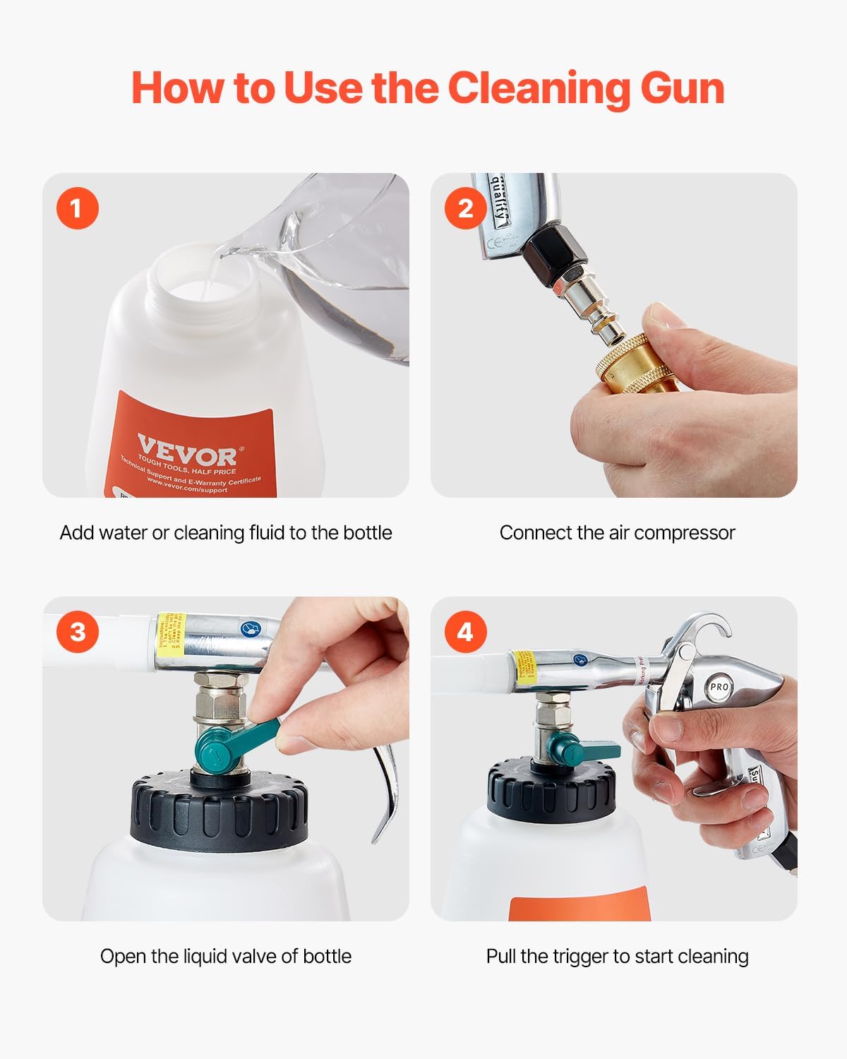 VEVOR Car Cleaning Gun, 6-9.2 Bar High-Pressure Air Blow Gun with 2 Set Nozzles & 1L Liquid Bottle, Vortex Cleaning Gun, Quickly Blasts Dirt and Dust from Surface, Work with 1/4 NPT Air Compressor