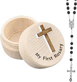 My First Rosary and Keepsake Box Holy First Communion Rosary Christian Gifts Rosary Set Catholic Baptism Gifts Black Rosary Gift Rosary Beads Catholic for Men Women and Kids with Wooden Box