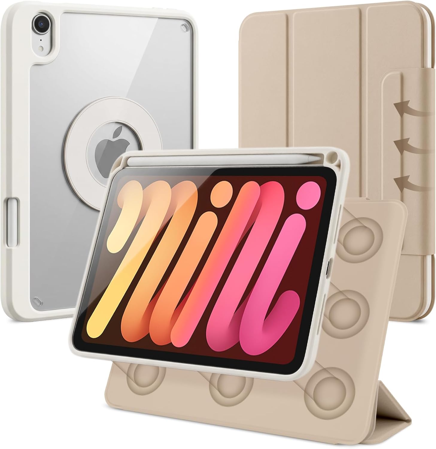 Case for iPad mini 7 A17 Pro, iPad mini 7/6 Gen. 8.3" 2024/2021, Removable and Detachable Magnetic Cover with Pencil Holder, Vertical Adjustable Stand, Tri-Fold Multi-Angle, Oat Coffee+White