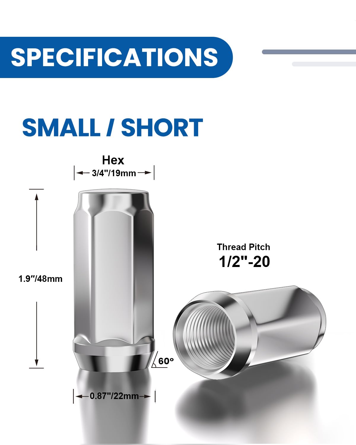 GAsupply 20pcs 1/2-20 Lug Nuts Long, 1/2 x20 Chrome Lug nut Closed End Bulge Acorn, Cone Seat 1.9 inch 48mm Tall 3/4 inch 19mm Hex