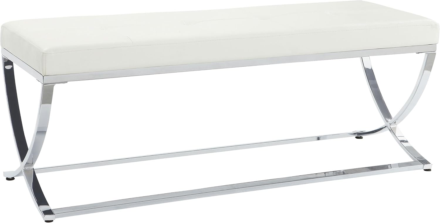 Pemberly Row 18.5" Contemporary Faux Leather Tufted Accent Bench, Chrome Metal Frame, White Finish, Full Foam Seat, Modern Entryway, Living Room, or Bedroom Seating