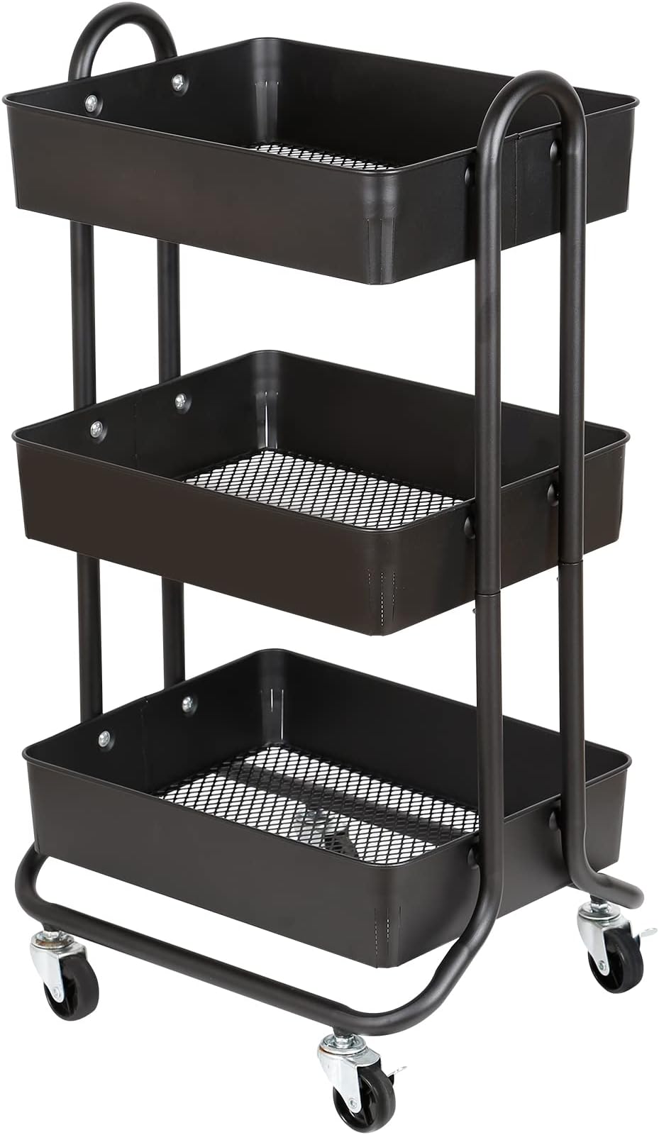 DESIGNA 3-Tier Metal Rolling Utility Cart，Heavy Duty Storage Carts Organization Cart with 2 Lockable Wheels，Multifunctional Metal Craft Art Carts for Gift Home Office，Black