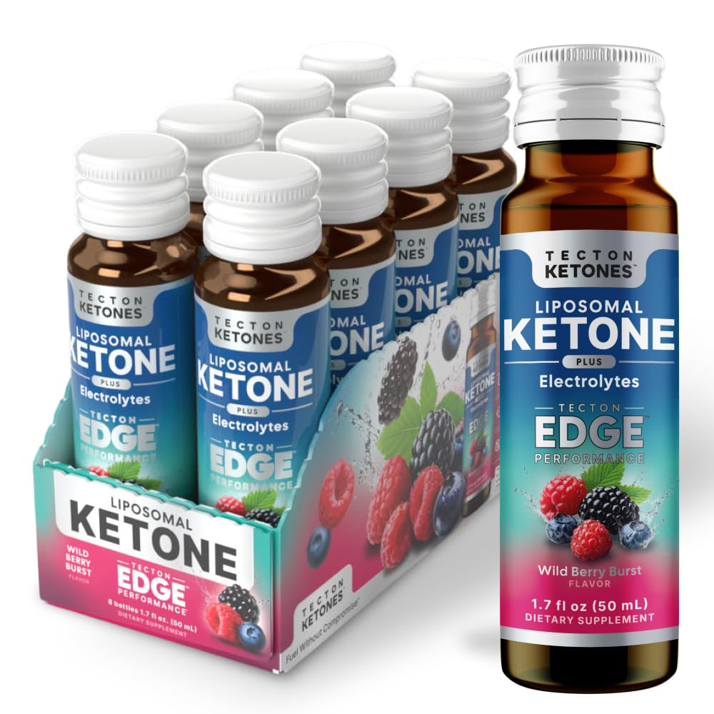 Tecton Ketones - Bioidentical Exogenous Ketones Supplement, D-BHB Focus & Clarity Endurance Training Shots - Clean Energy Shot with Electrolytes for Hydration + 10g Ketone, Caffeine Free, 8ct Berry