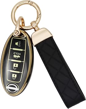SUNCARACCL لغطاء نيسان Key Fob مع سلسلة المفاتيح الجلدية ، TPU Soft Full Cover Protection Key Case for Altima Maxima Rogue Armada Pathfinder Smart KeyBlack