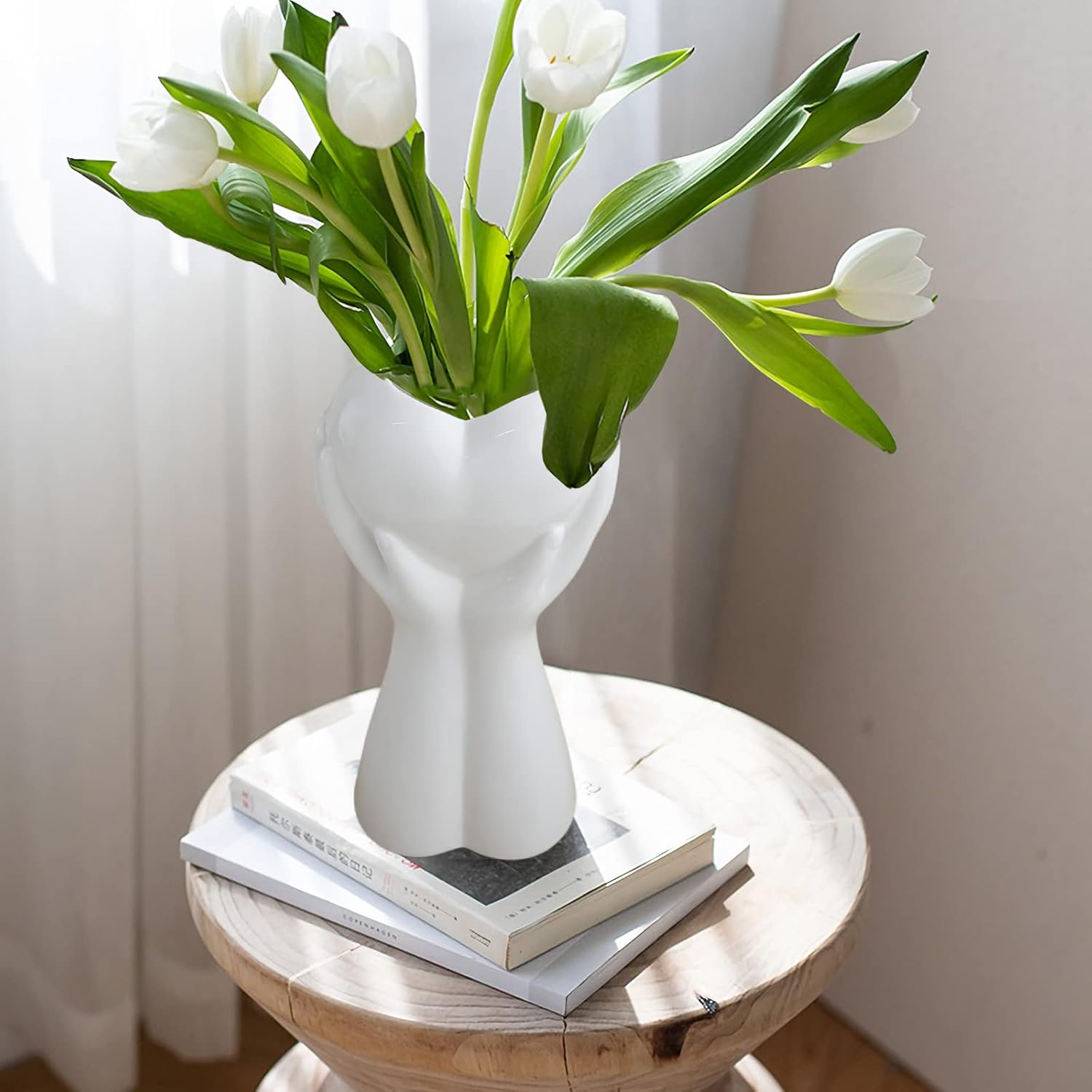 White Ceramic Flower Vase Cute Hand Holding Heart Shaped Vase for Boho Home Decor, Unique Nordic Modern Minimalism Art Vases for Living Room Wedding Party Office Table Centerpieces 9" High