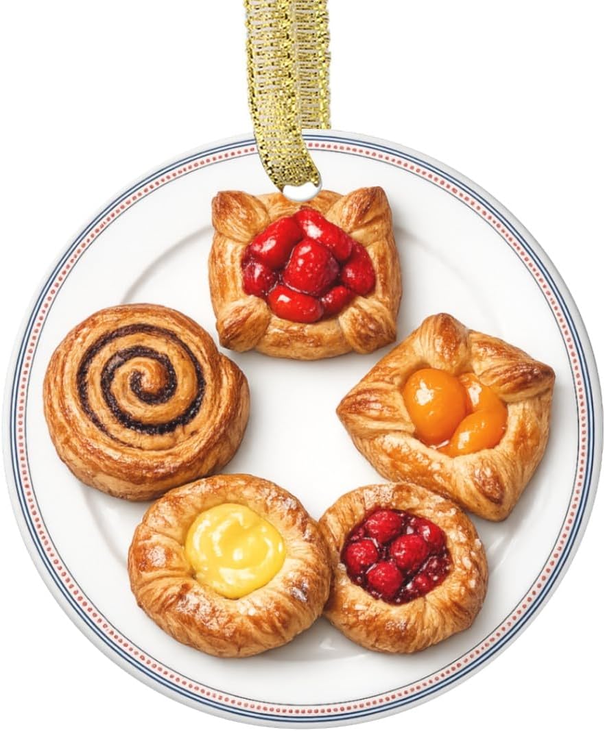 Danish Yeast Dough Pastries Rugelach Dessert Denmark Cuisine Personalized Food Flat Printed Image on Ceramic Ornament – NOT 3D, Custom Text Back, Christmas Ornament