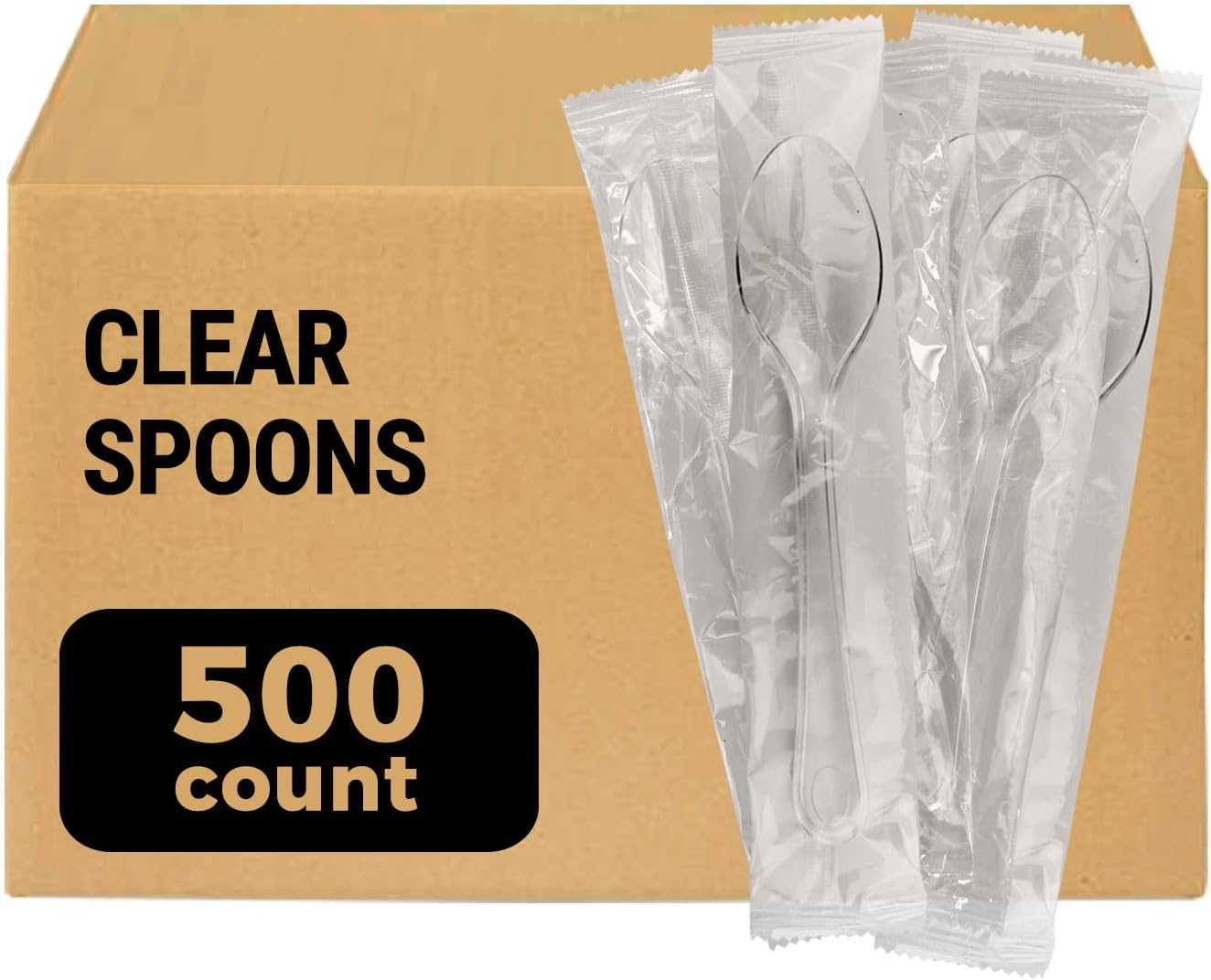 [500 Count] 2X Heavy Duty Clear Plastic Spoons Individually Wrapped, Commercial MEGA Pack (Case of 5/100 Pack)