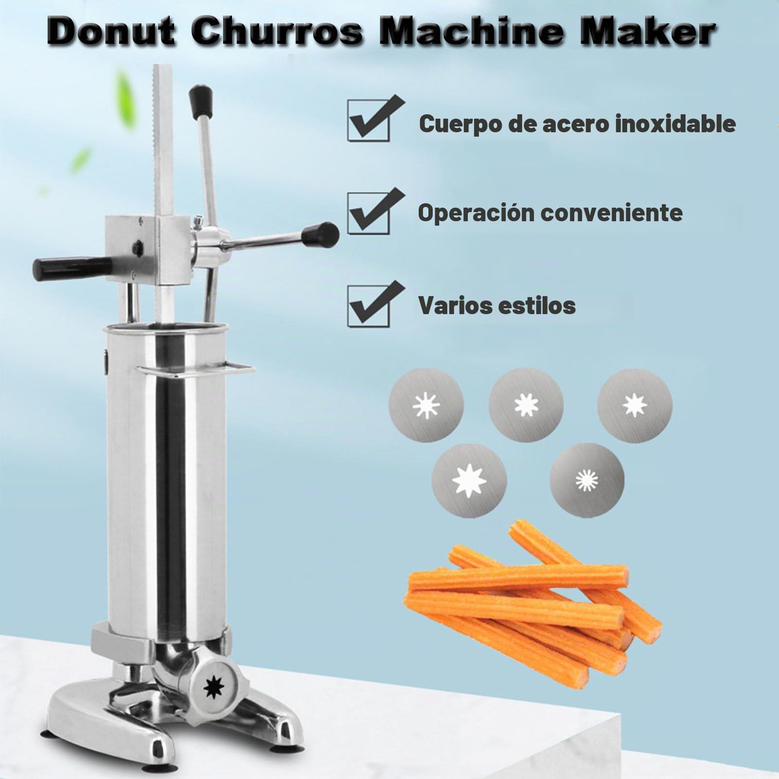 Máquina para hacer churros manual, comercial 2L 3L Máquina para hacer churreras españolas manuales con 5 tipos de moldes, Máquina para hacer churreras españolas verticales de acero inoxidable ,2L