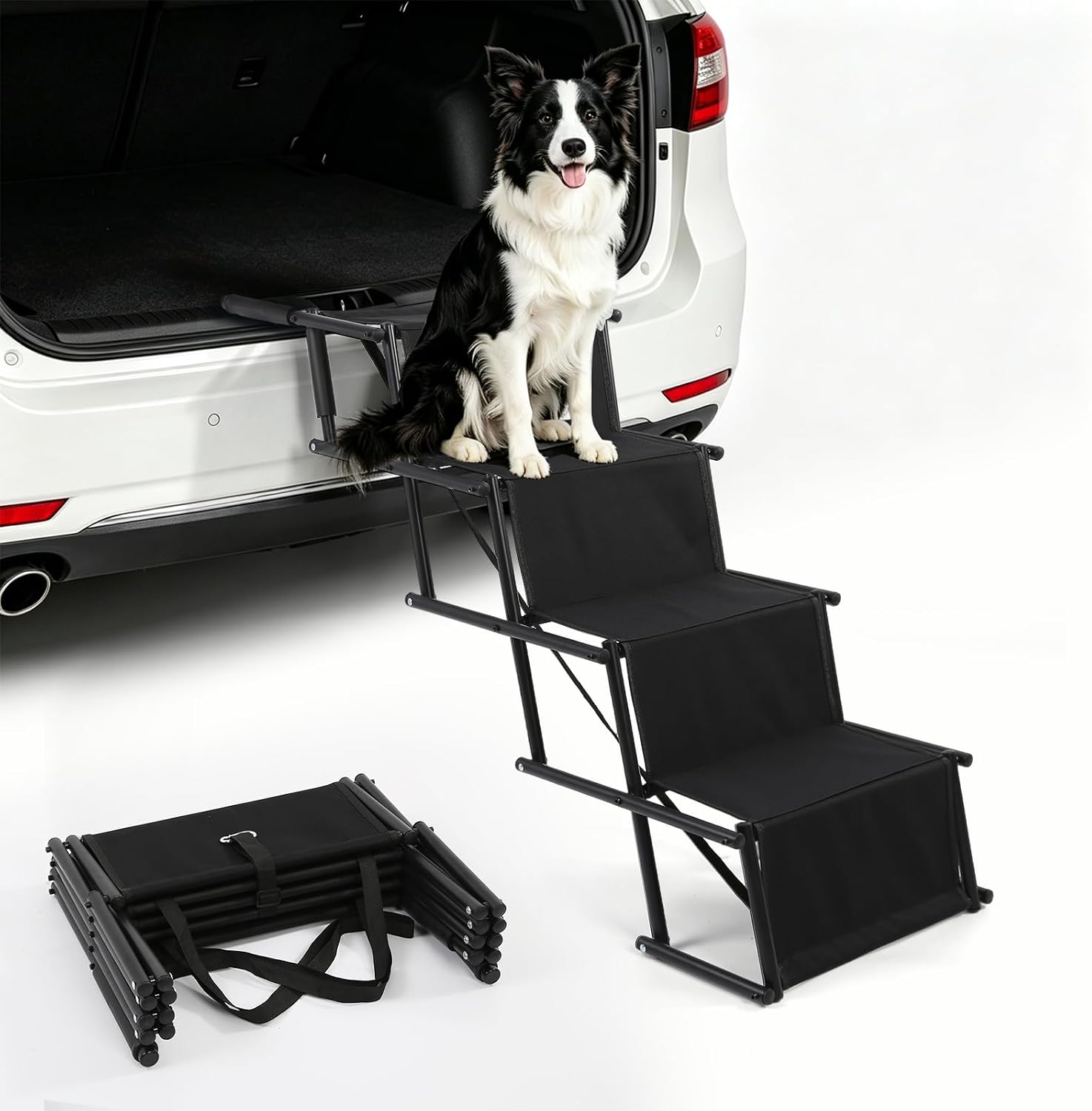 KARAOK Foldable Dog Stairs for Car SUV, Pet Stairs for Large Dogs, 4-Step Portable Pet Ramps, Collapsible Large Dog Stairs, Non-Slip Pet Steps Support Up to 150 lbs