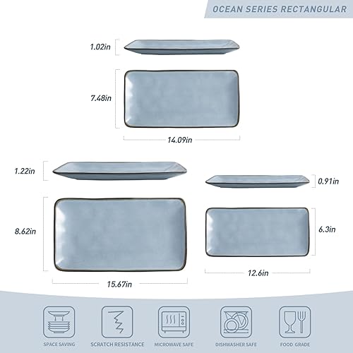 Miniatura 4 de famiware Ocean Square - Juego de platos y cuencos de 15 piezas para 4, 3 platos rectangulares para servir, color azul