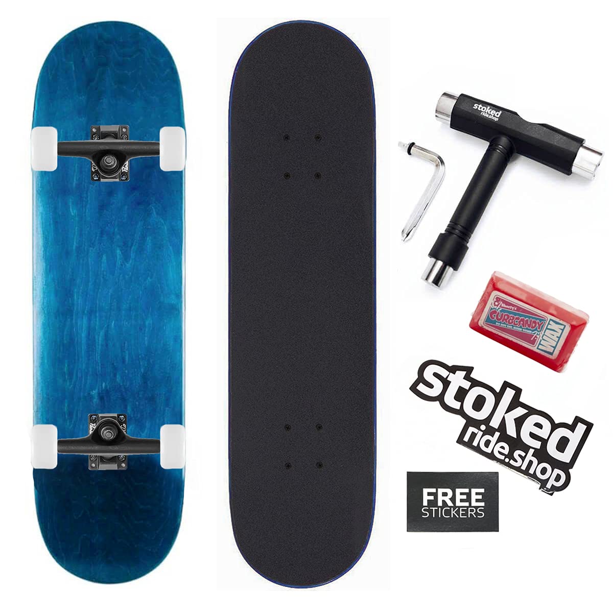 Stoked Ride Shop Blank Skateboard Complete 7.75In (Blue wBlack Trucks, Hardware, Wheels, Grip Tape + Tool), BlueBlack, 7.75In