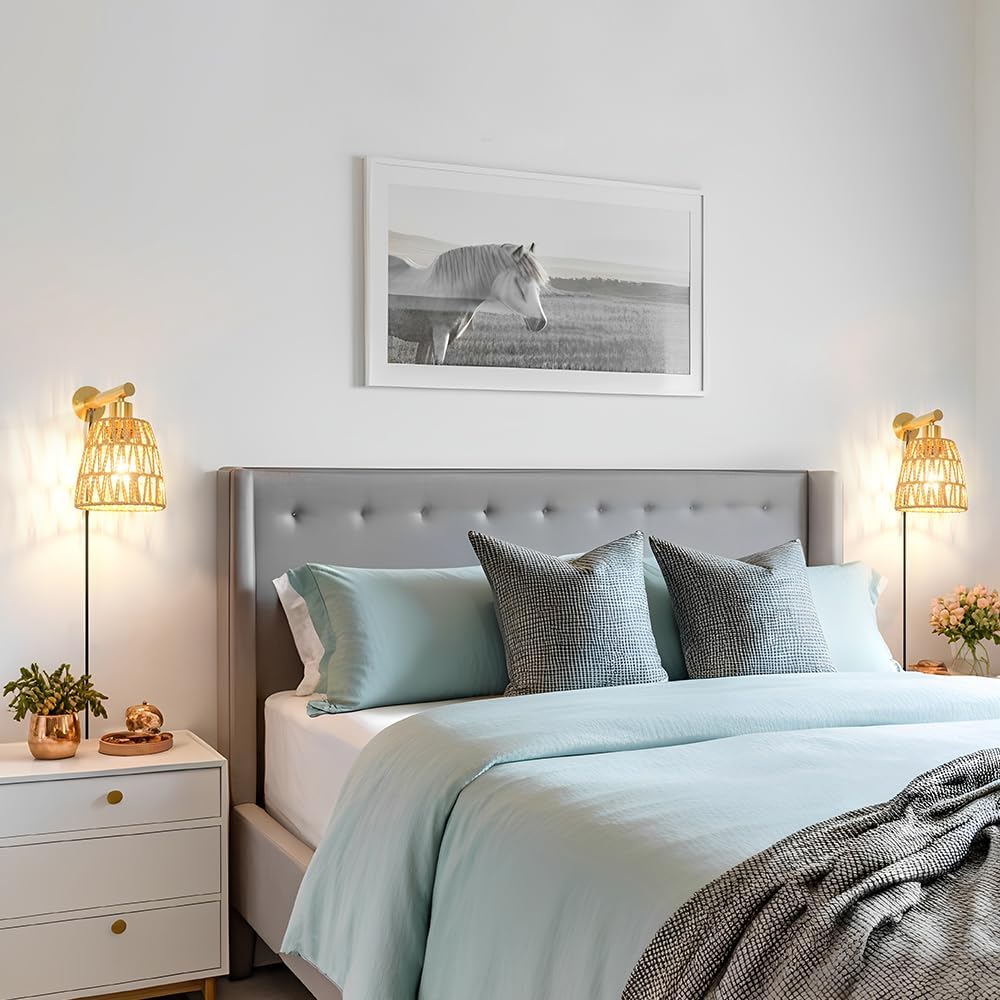 Boho Plug in Wall Sconce Set of 2, Gold Plug Sconces Set of 2, Rattan Sconce Light Fixture with 5.9FT On/Off Switch Cord, Farmhouse Wall Mounted Light for Bedroom Living Room Reading Hallway