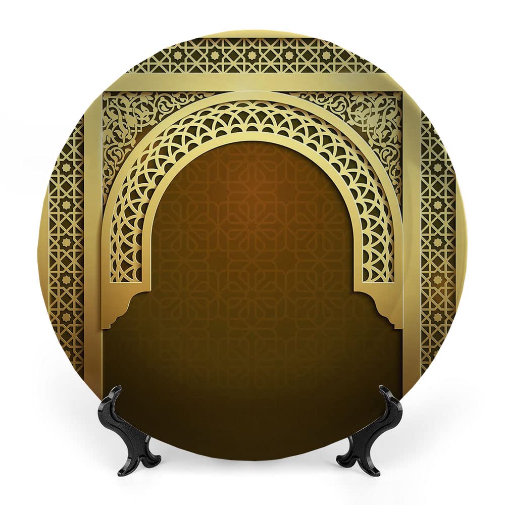 LIGUTARS Ceramic Plates, Moroccan Decorative Ceramic Plates, Middle Eastern Ramadan Greeting Scroll Arch, 8 Inch, Household Plates Decorative, Golden